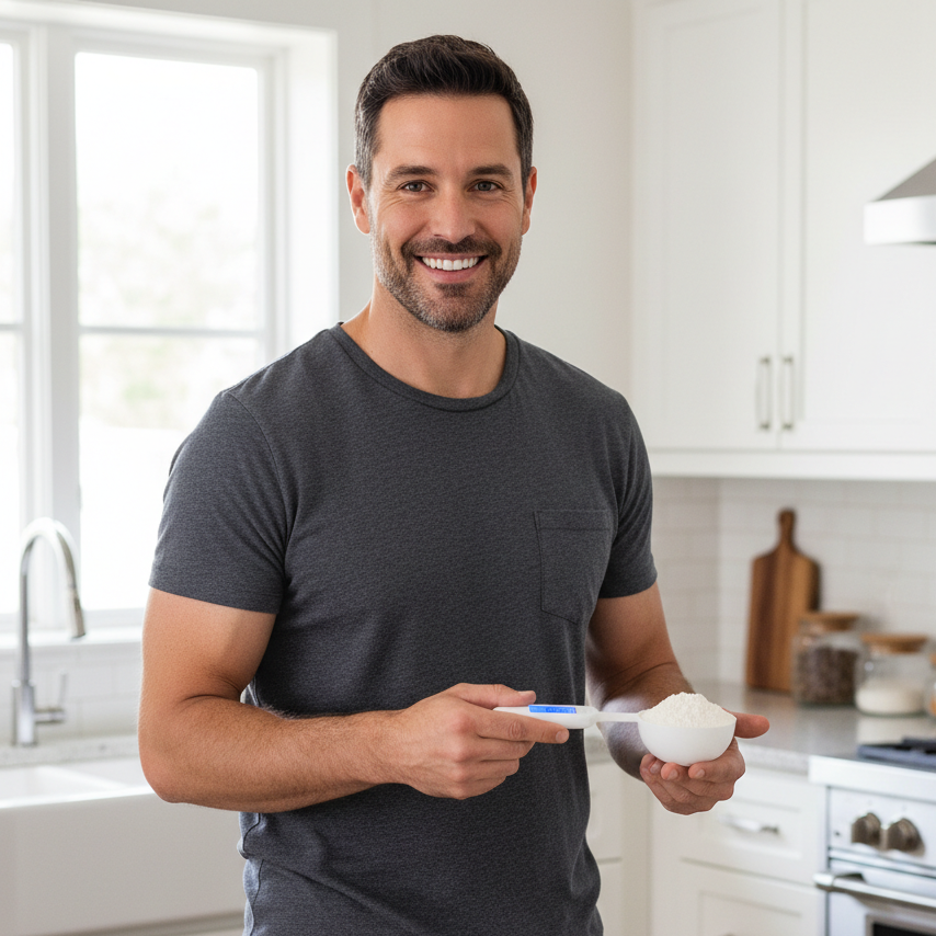 After - man in grey t-shirt using digital measuring spoon
