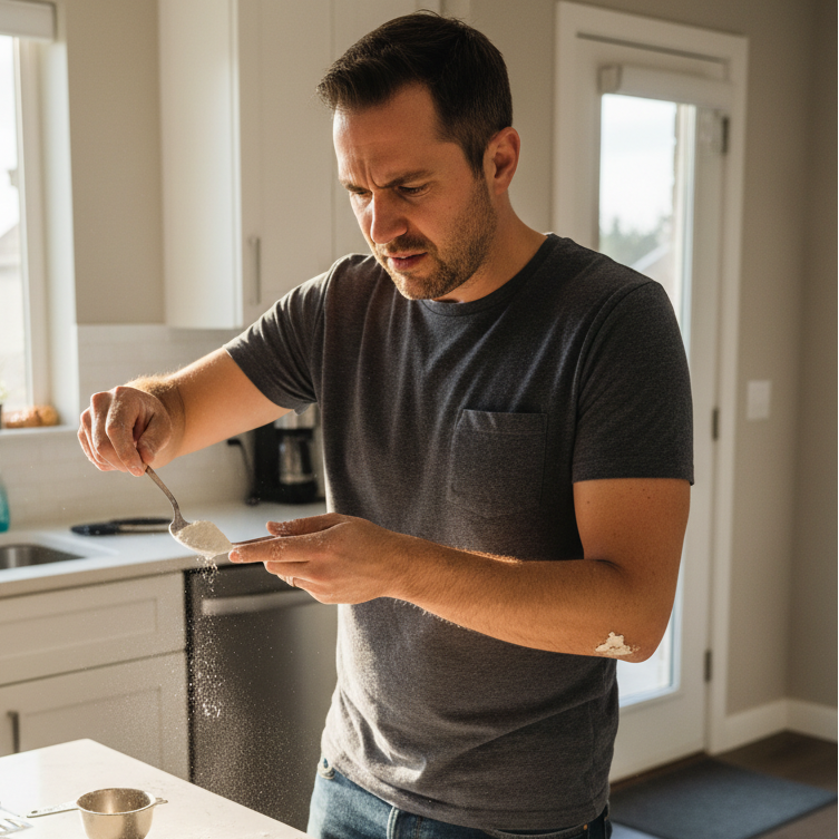 Before - man in grey t-shirt struggling with regular spoon