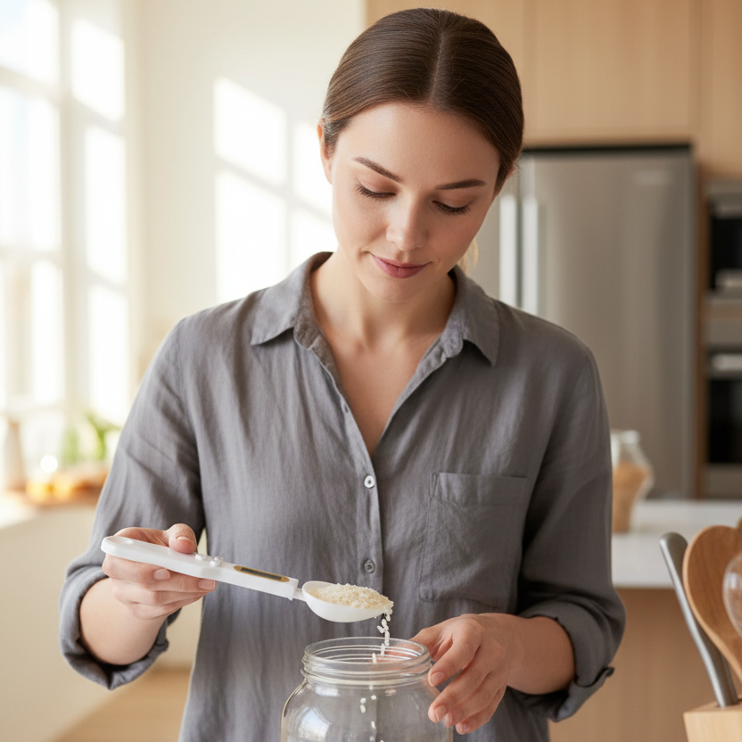 Woman using white digital measuring spoon